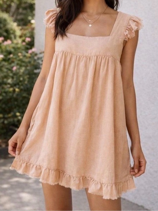 aerie Dresses & Skirts - aerie XL tan linen blend raw edge ruffle babydoll dress